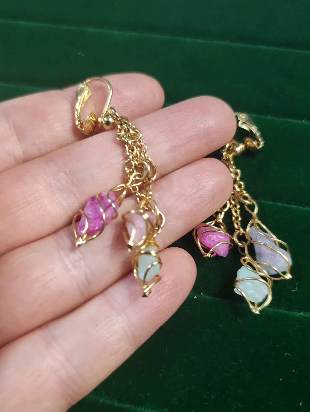 Boho dangle earrings natural stone chips wire wrapped gold tone leverback